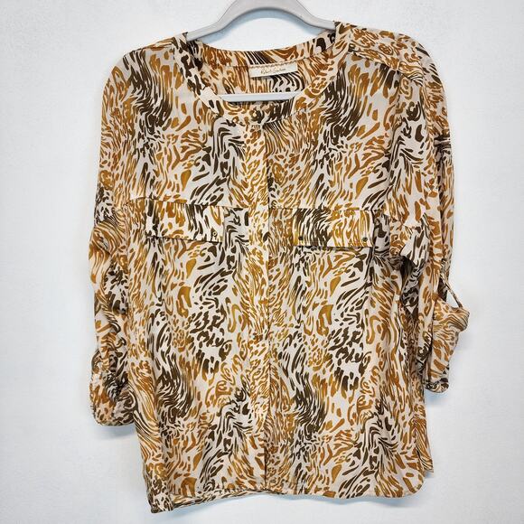 Robert Graham Zebra Print Silk Blouse Size L Orange Tab Sleeves Button Up Office - Picture 2 of 16
